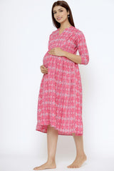 Pink Cotton Floral Jaal Sweetheart Neck Nursing Dress