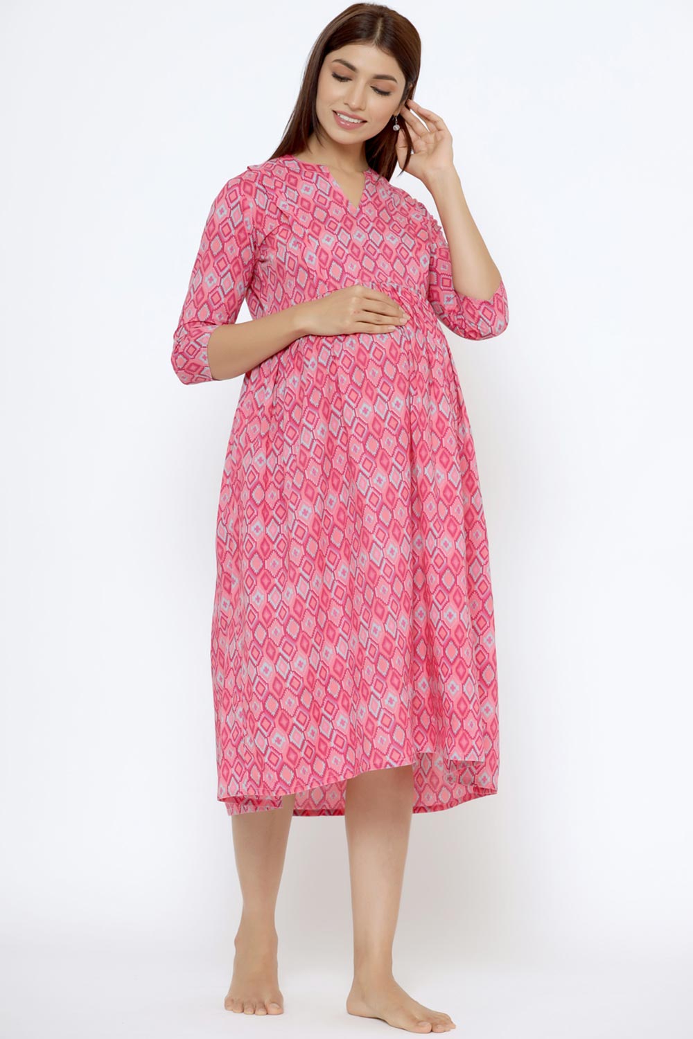 Pink Cotton Floral Jaal Sweetheart Neck Nursing Dress