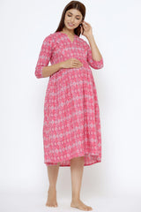 Pink Cotton Floral Jaal Sweetheart Neck Nursing Dress