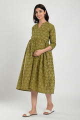 Green Cotton Boota Print Sweetheart Neck Nursing Dress