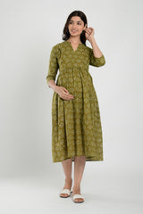 Green Cotton Boota Print Sweetheart Neck Nursing Dress