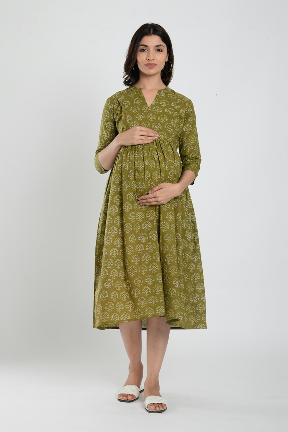 Green Cotton Boota Print Sweetheart Neck Nursing Dress