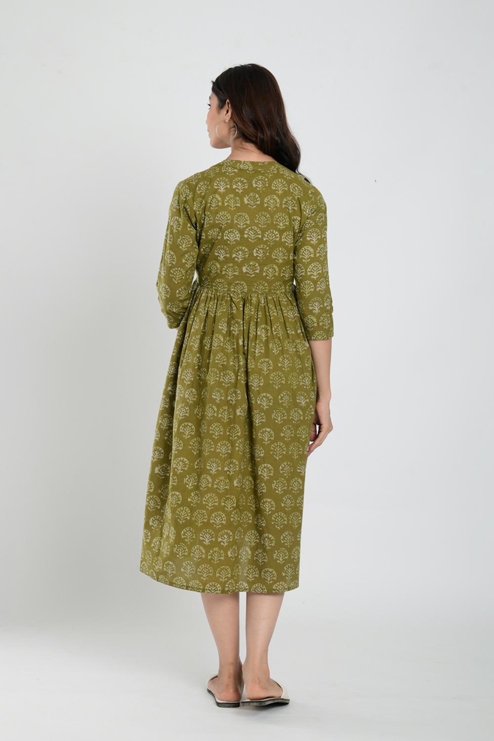 Green Cotton Boota Print Sweetheart Neck Nursing Dress