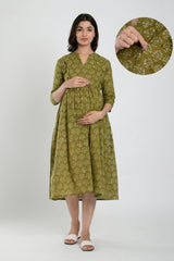 Green Cotton Boota Print Sweetheart Neck Nursing Dress