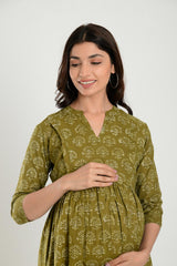 Green Cotton Boota Print Sweetheart Neck Nursing Dress