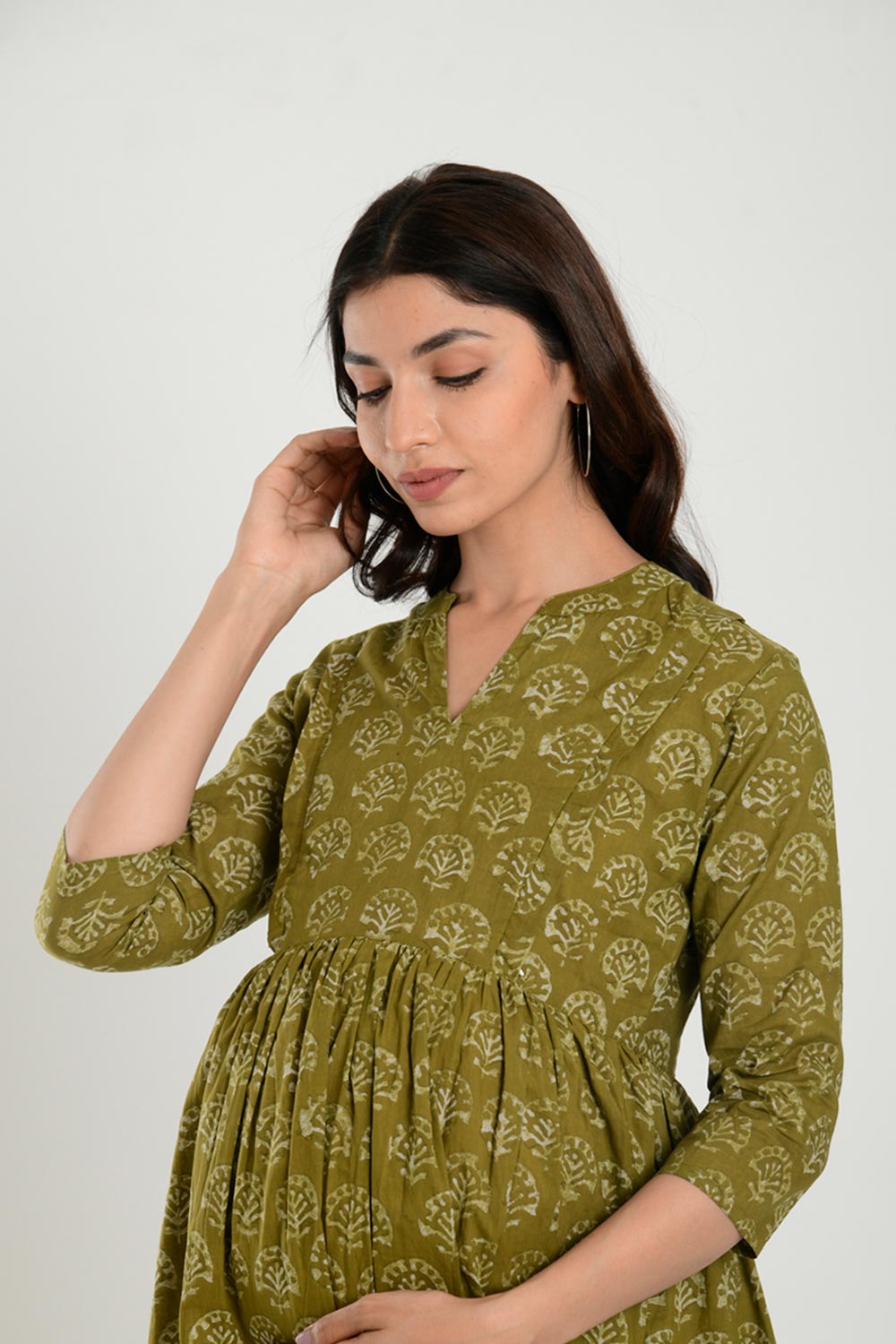 Green Cotton Boota Print Sweetheart Neck Nursing Dress