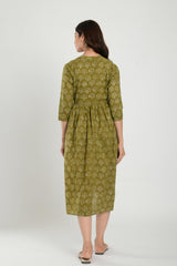 Green Cotton Boota Print Sweetheart Neck Nursing Dress