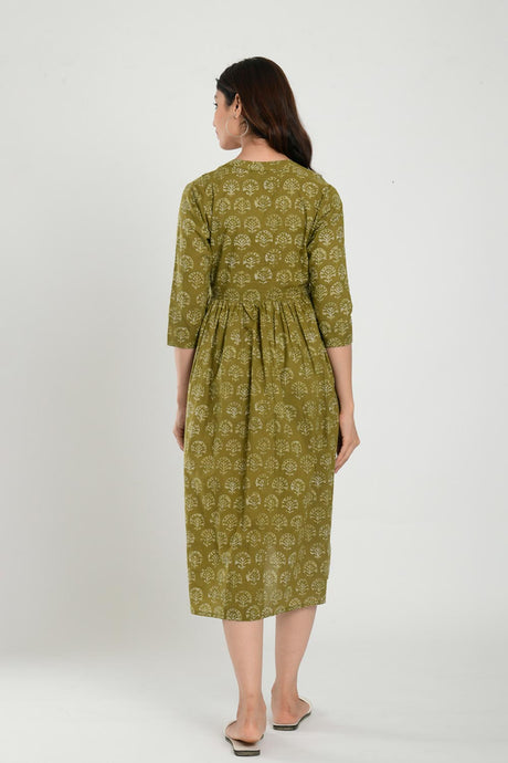 Green Cotton Boota Print Sweetheart Neck Nursing Dress