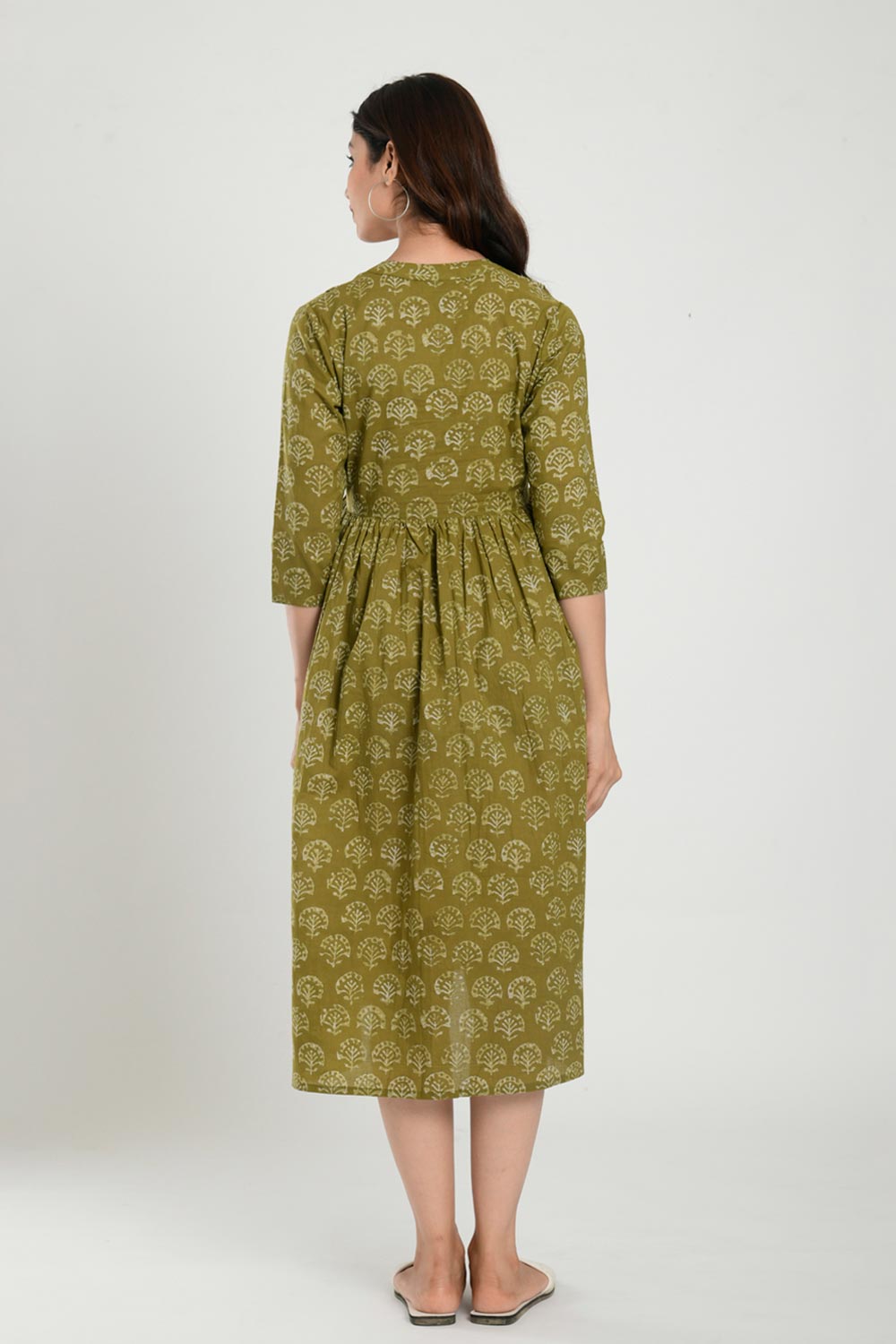 Green Cotton Boota Print Sweetheart Neck Nursing Dress