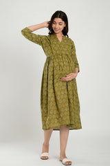 Green Cotton Boota Print Sweetheart Neck Nursing Dress