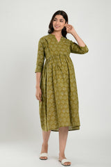 Green Cotton Boota Print Sweetheart Neck Nursing Dress