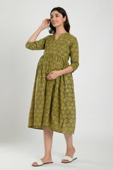 Green Cotton Boota Print Sweetheart Neck Nursing Dress