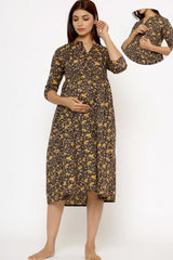 Brown & Yellow Cotton Floral Jaal Sweetheart Neck Nursing Dress