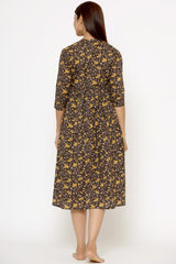 Brown & Yellow Cotton Floral Jaal Sweetheart Neck Nursing Dress