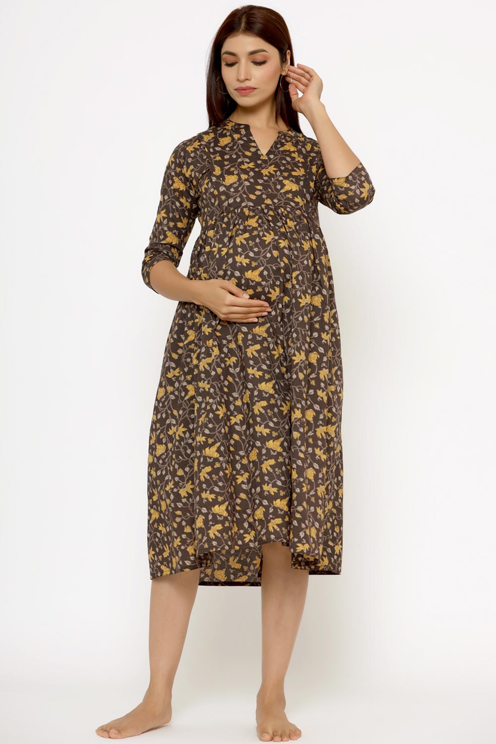 Brown & Yellow Cotton Floral Jaal Sweetheart Neck Nursing Dress