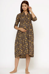 Brown & Yellow Cotton Floral Jaal Sweetheart Neck Nursing Dress