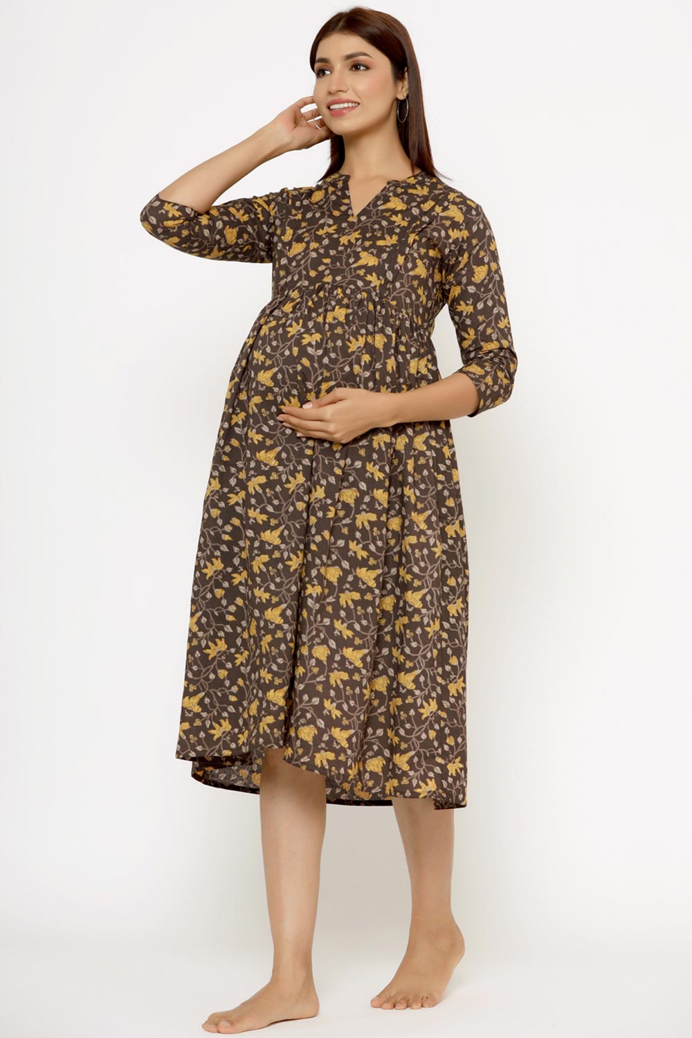 Brown & Yellow Cotton Floral Jaal Sweetheart Neck Nursing Dress