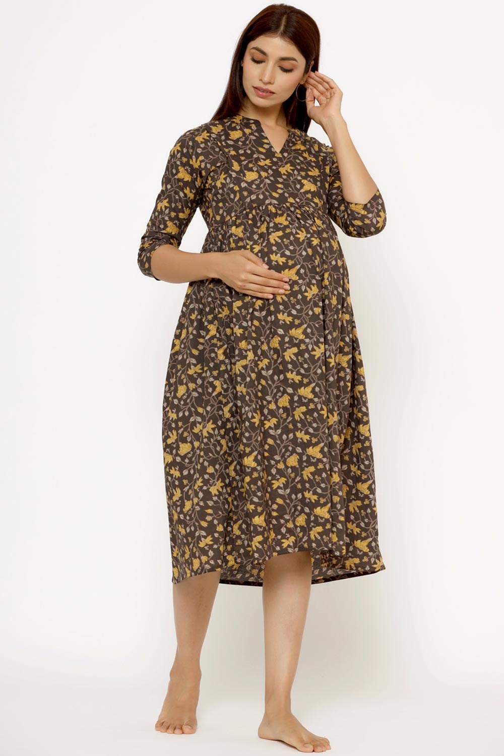 Brown & Yellow Cotton Floral Jaal Sweetheart Neck Nursing Dress