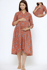 Red Cotton Floral Jaal Sweetheart Neck Nursing Dress