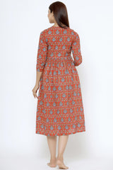 Red Cotton Floral Jaal Sweetheart Neck Nursing Dress