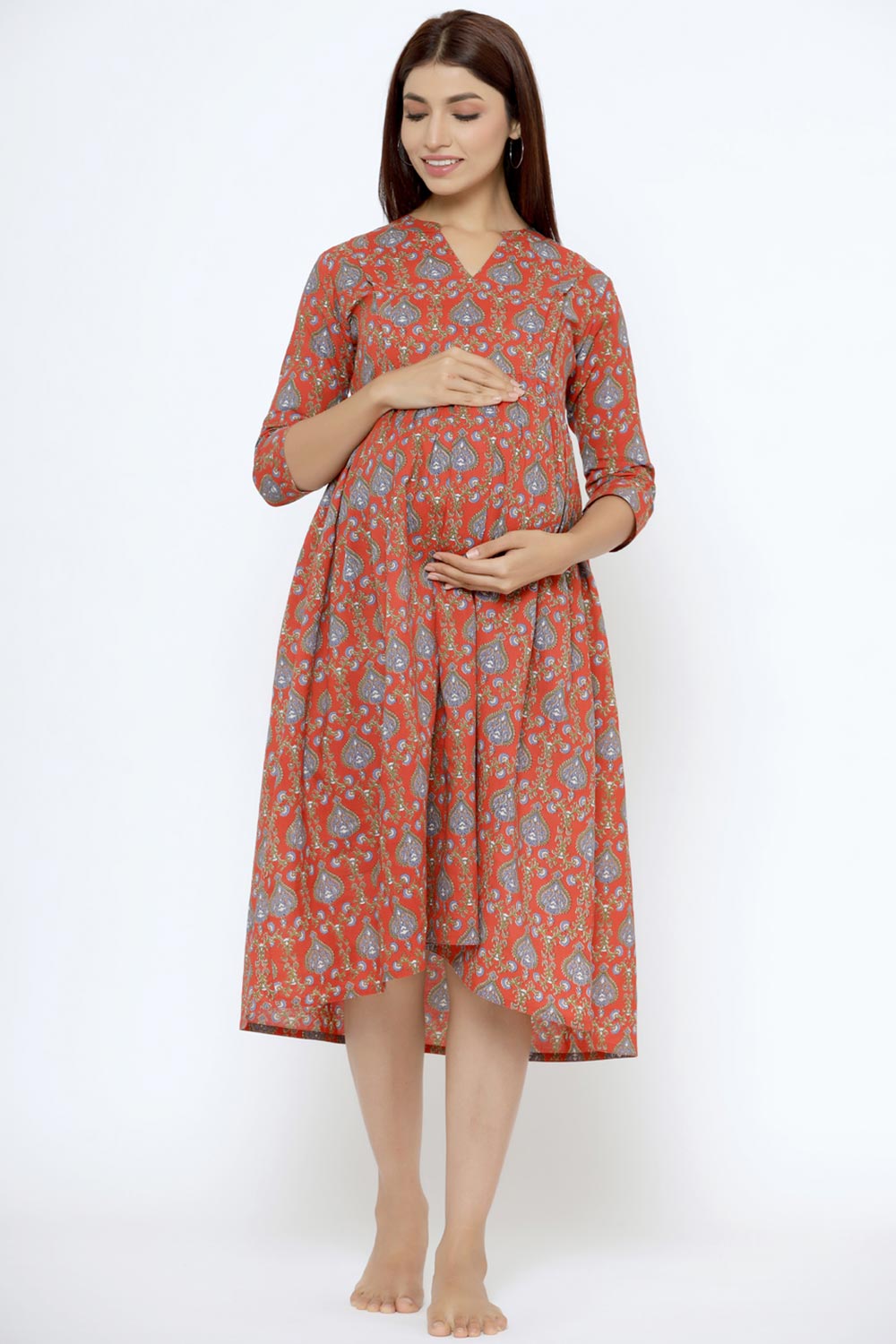 Red Cotton Floral Jaal Sweetheart Neck Nursing Dress