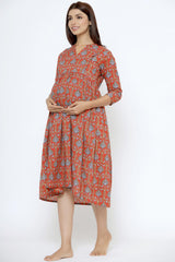 Red Cotton Floral Jaal Sweetheart Neck Nursing Dress