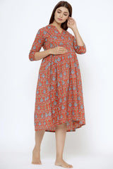 Red Cotton Floral Jaal Sweetheart Neck Nursing Dress