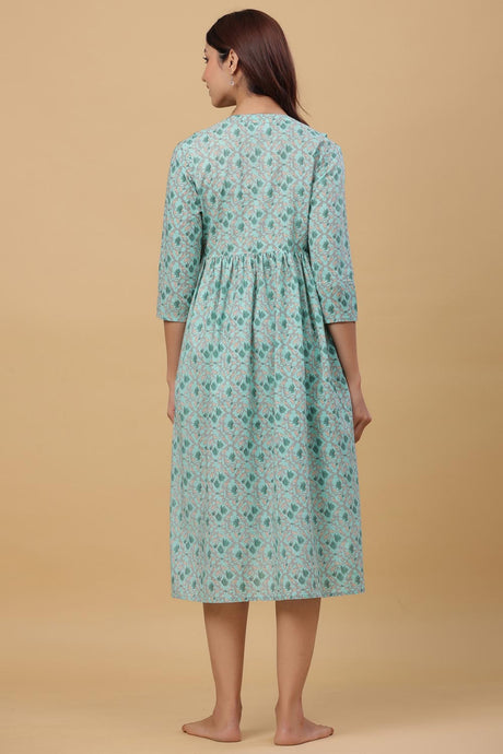 Teal Cotton Floral Jaal Sweetheart Neck Nursing Dress