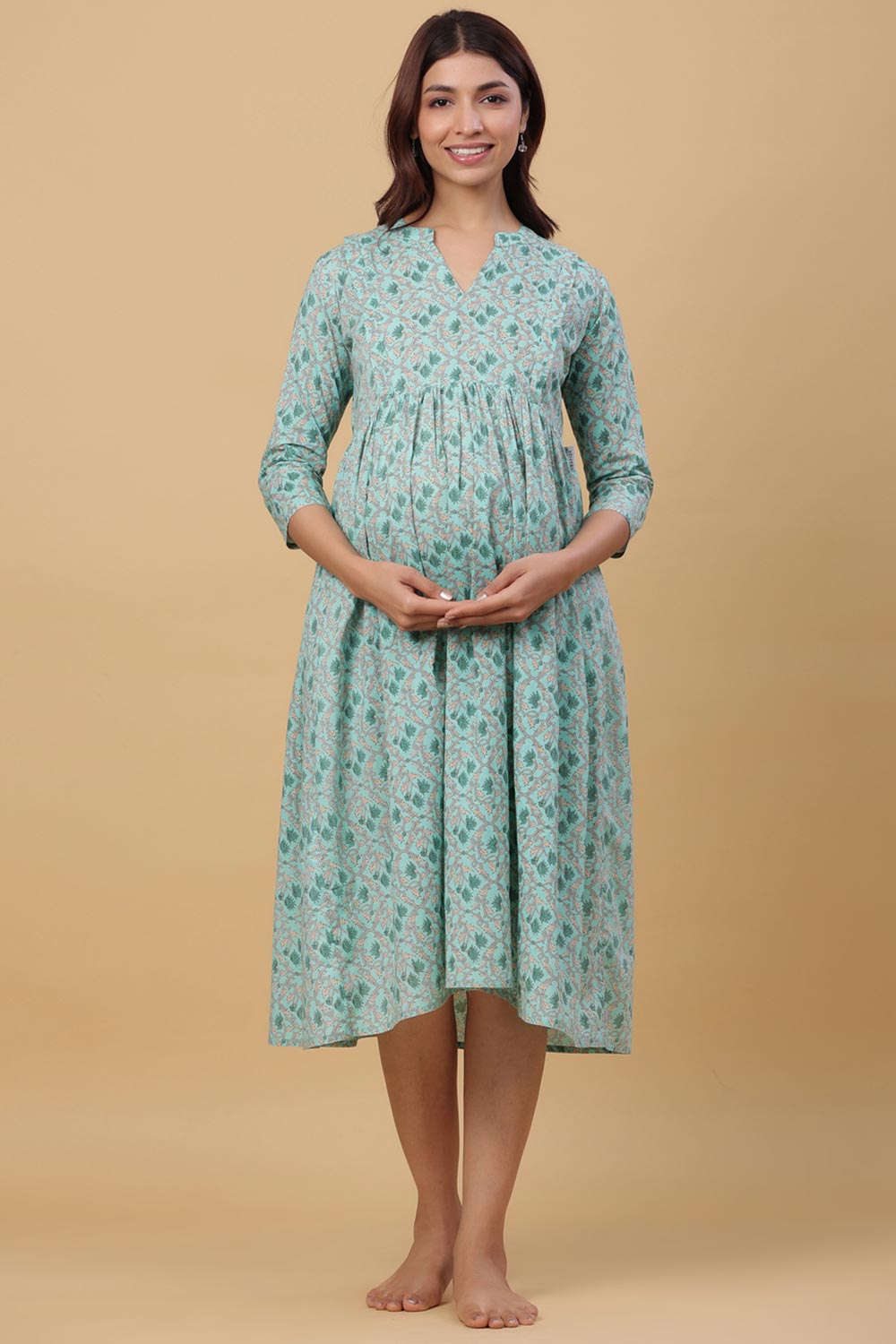 Teal Cotton Floral Jaal Sweetheart Neck Nursing Dress