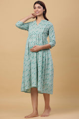 Teal Cotton Floral Jaal Sweetheart Neck Nursing Dress