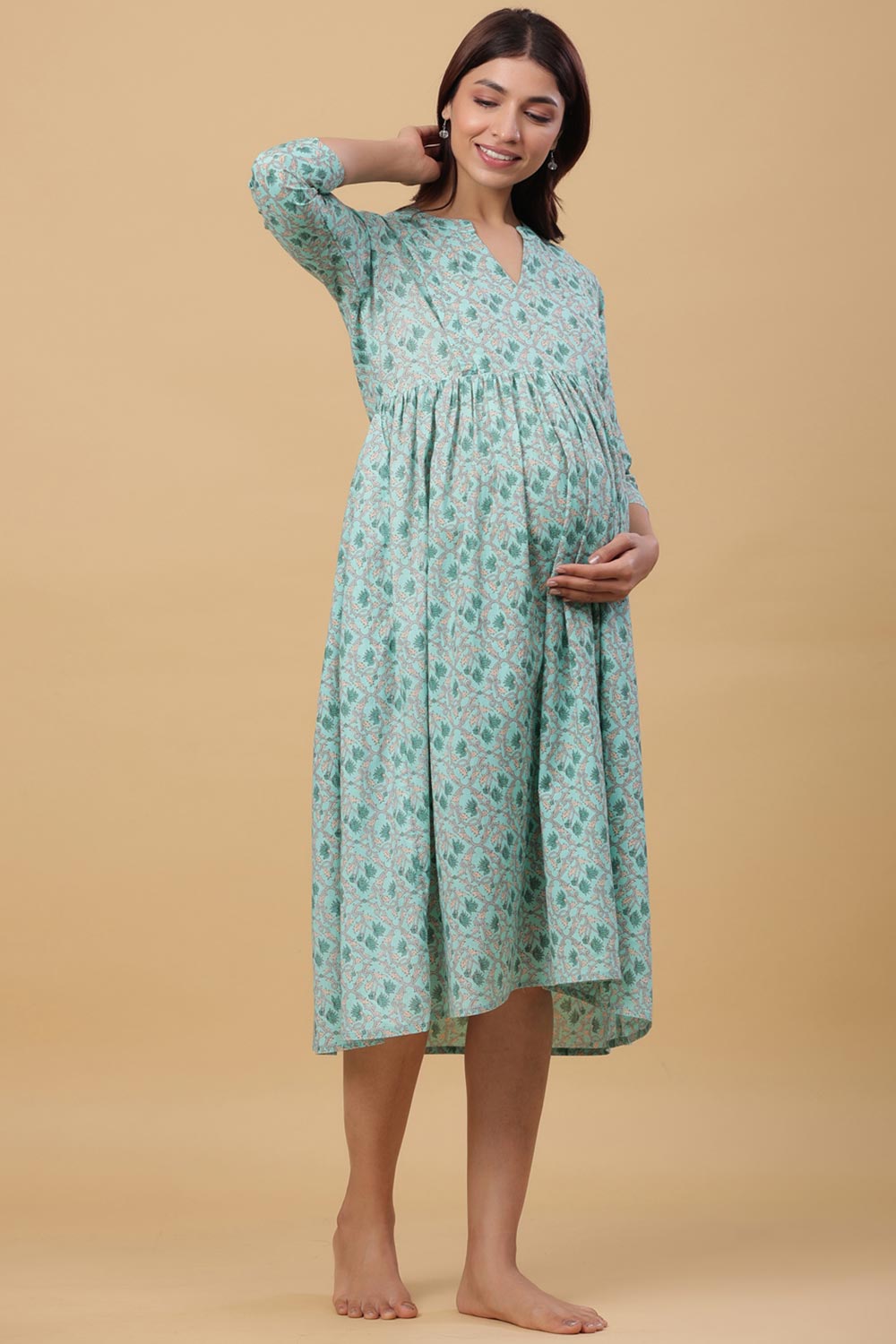 Teal Cotton Floral Jaal Sweetheart Neck Nursing Dress