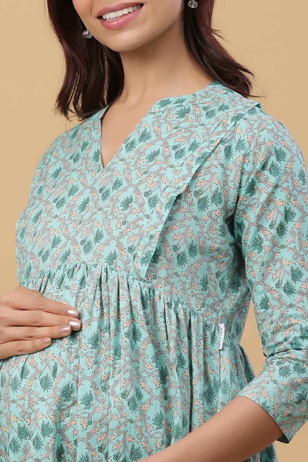 Teal Cotton Floral Jaal Sweetheart Neck Nursing Dress