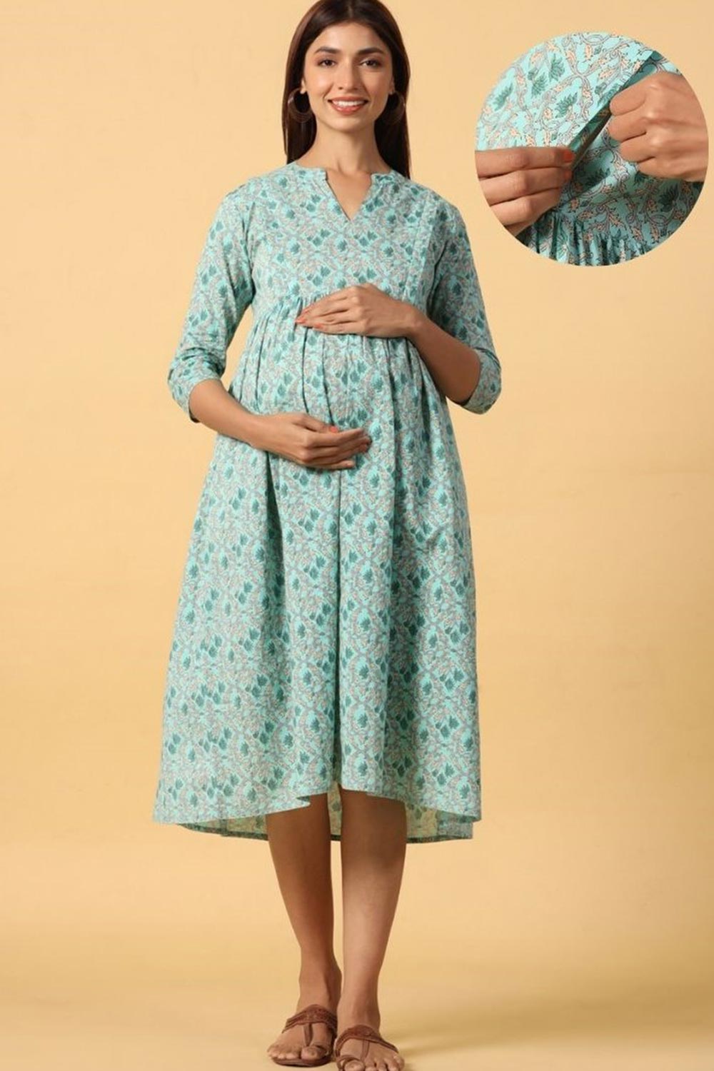 Teal Cotton Floral Jaal Sweetheart Neck Nursing Dress