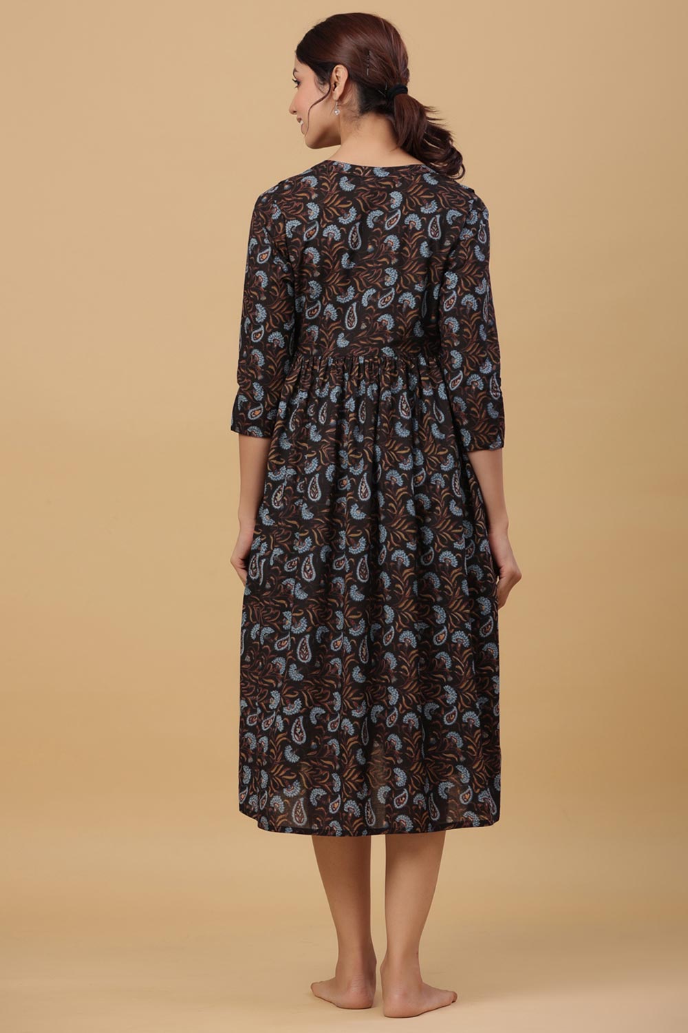 Black Cotton Floral Jaal Sweetheart Neck Nursing Dress