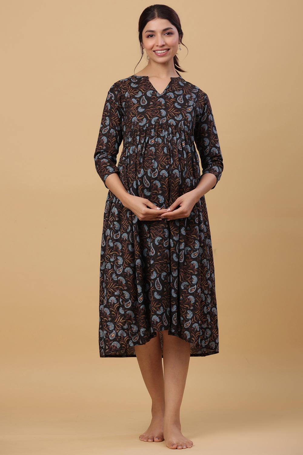 Black Cotton Floral Jaal Sweetheart Neck Nursing Dress