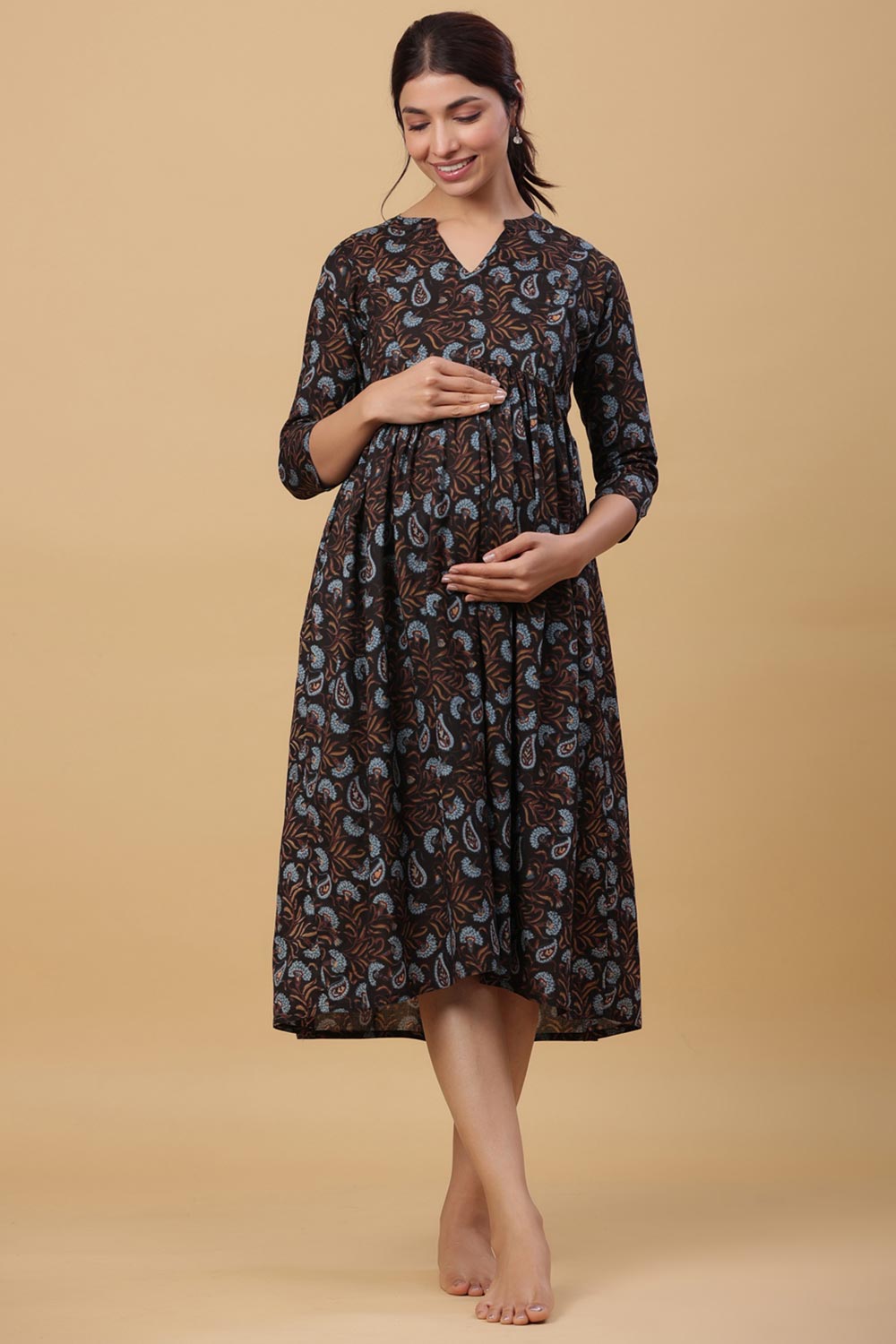 Black Cotton Floral Jaal Sweetheart Neck Nursing Dress