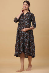 Black Cotton Floral Jaal Sweetheart Neck Nursing Dress