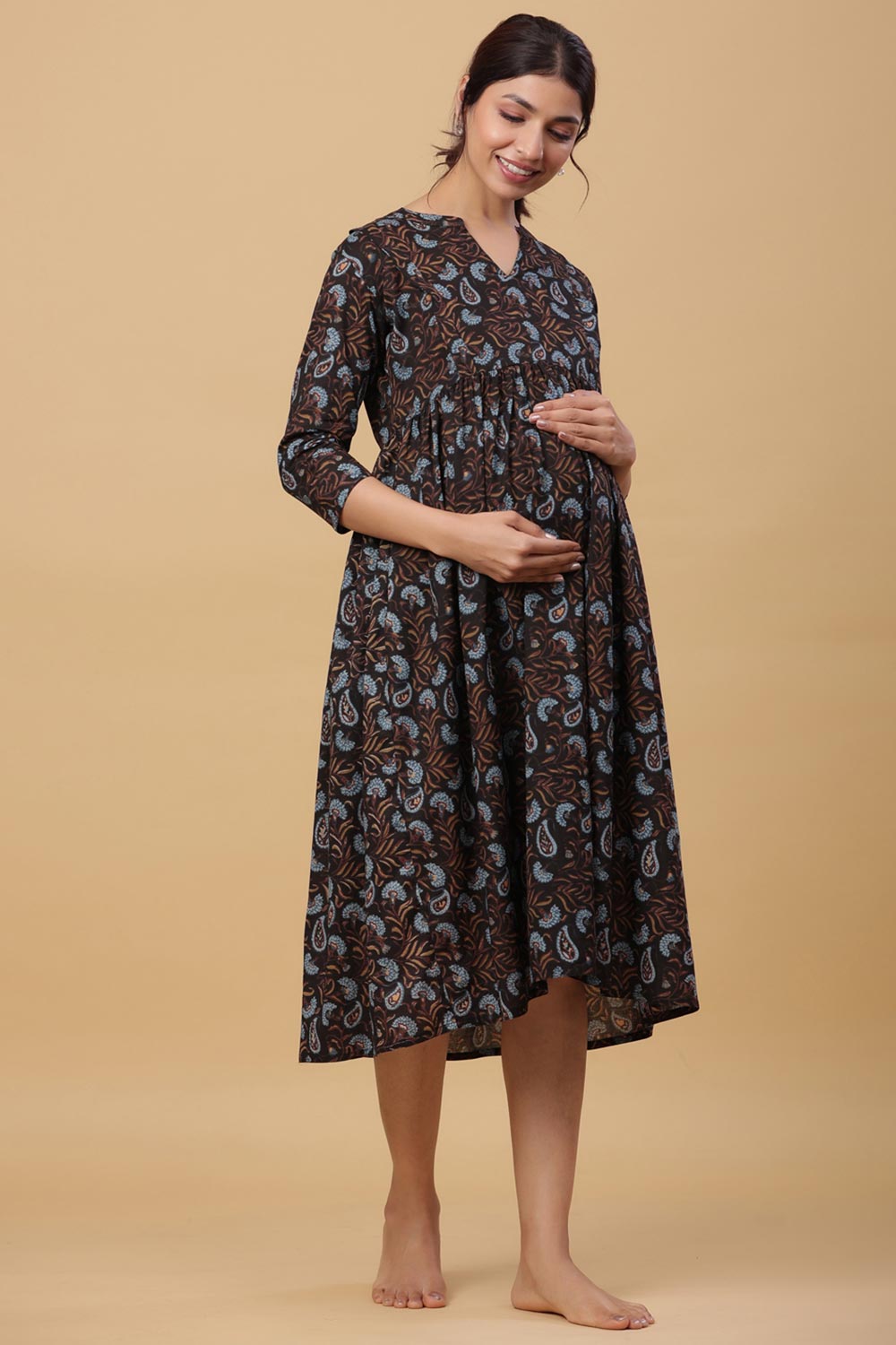 Black Cotton Floral Jaal Sweetheart Neck Nursing Dress