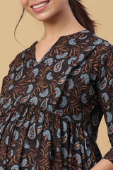 Black Cotton Floral Jaal Sweetheart Neck Nursing Dress