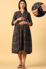 Black Cotton Floral Jaal Sweetheart Neck Nursing Dress