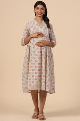 White & Red Cotton Floral Jaal Sweetheart Neck Nursing Dress