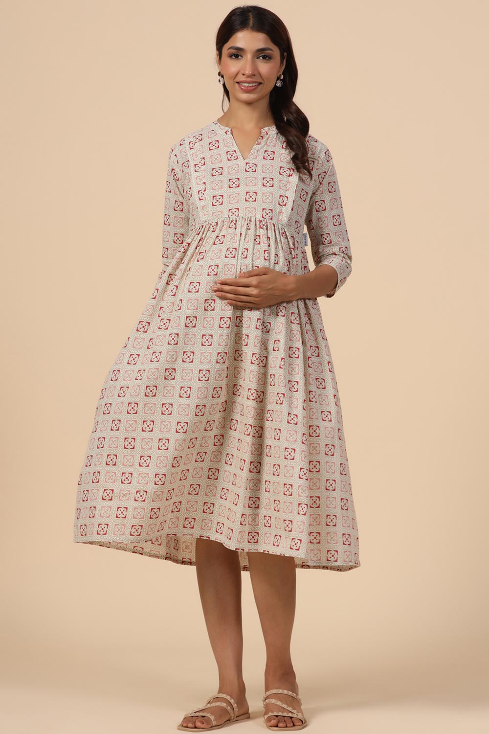 White & Red Cotton Floral Jaal Sweetheart Neck Nursing Dress