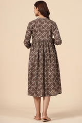 Brown Cotton Floral Jaal Sweetheart Neck Nursing Dress