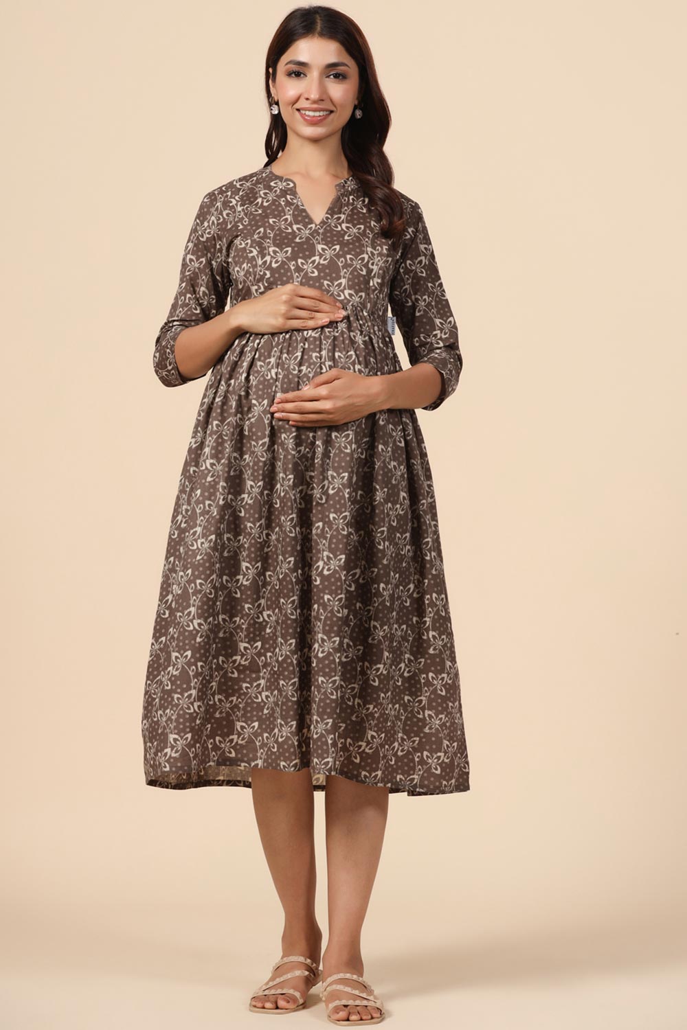 Brown Cotton Floral Jaal Sweetheart Neck Nursing Dress