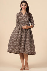 Brown Cotton Floral Jaal Sweetheart Neck Nursing Dress