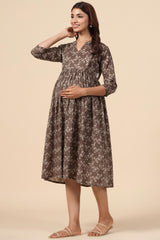 Brown Cotton Floral Jaal Sweetheart Neck Nursing Dress