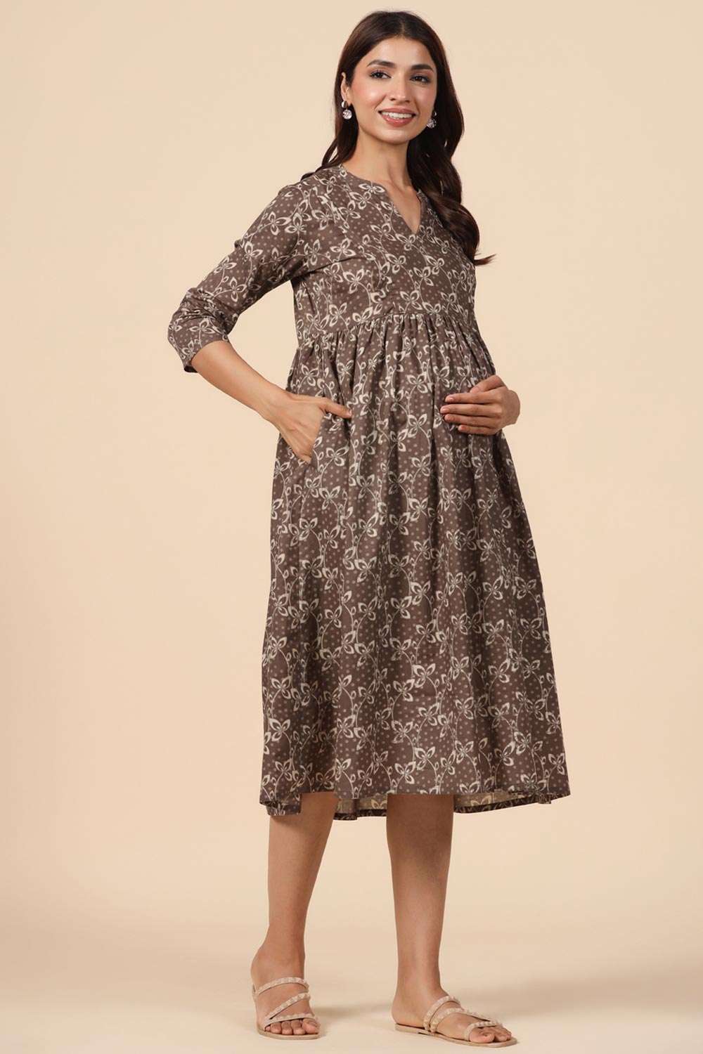 Brown Cotton Floral Jaal Sweetheart Neck Nursing Dress