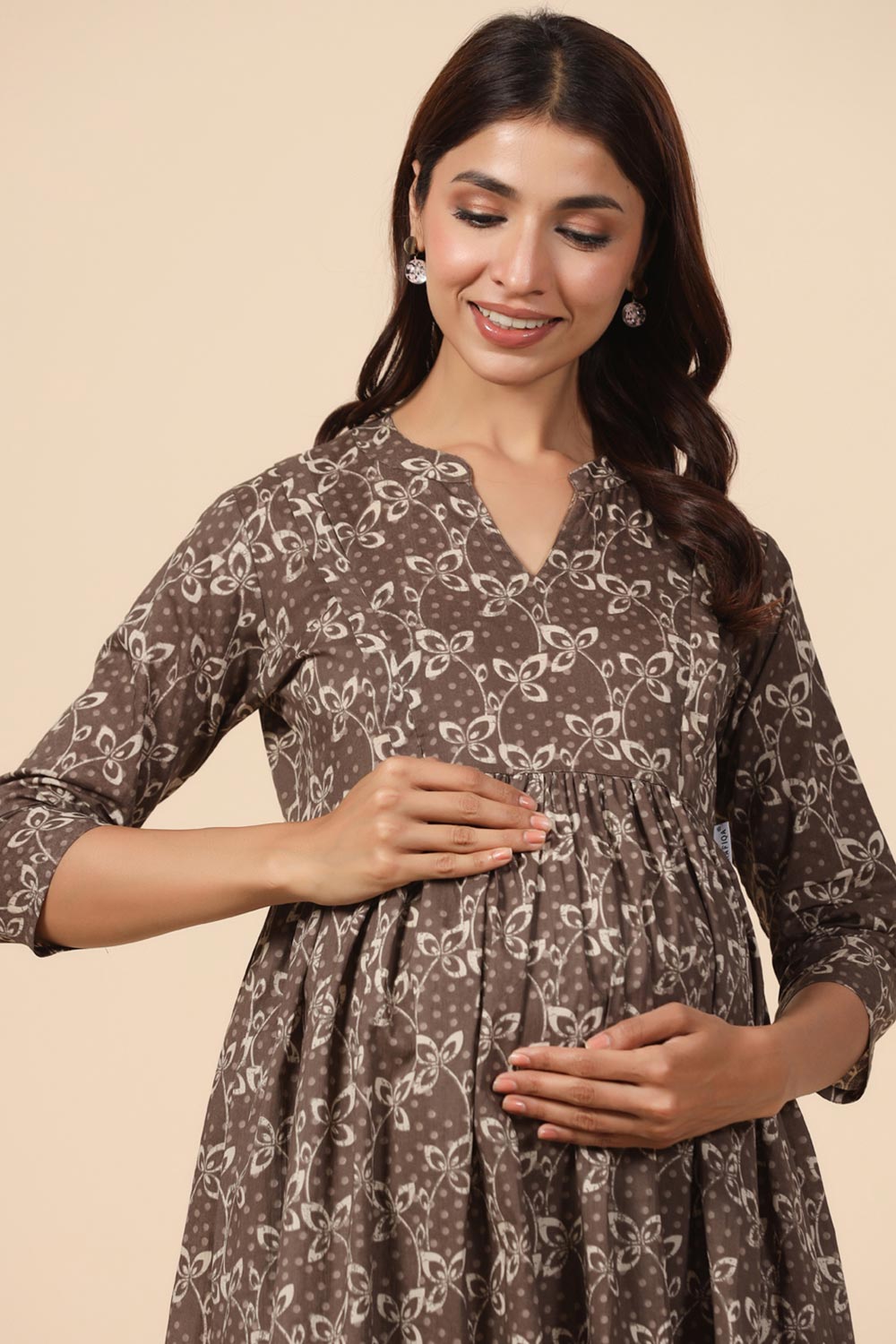 Brown Cotton Floral Jaal Sweetheart Neck Nursing Dress