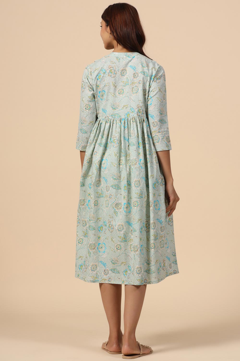 Sea Green Cotton Floral Jaal Sweetheart Neck Nursing Dress