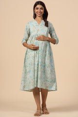 Sea Green Cotton Floral Jaal Sweetheart Neck Nursing Dress